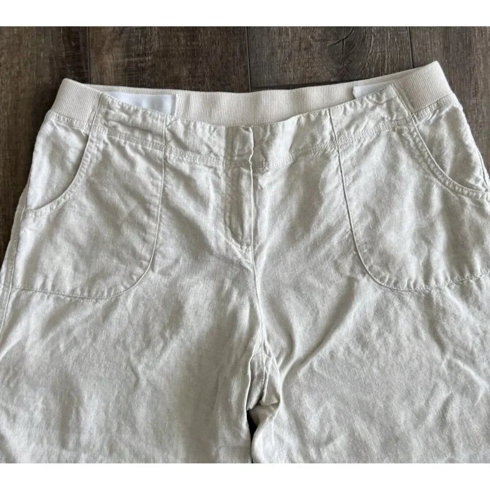 J. JILL Sz 12 Petite Beige Tan 100% LINEN Elastic Back WIDE CROPPED LEG Pants